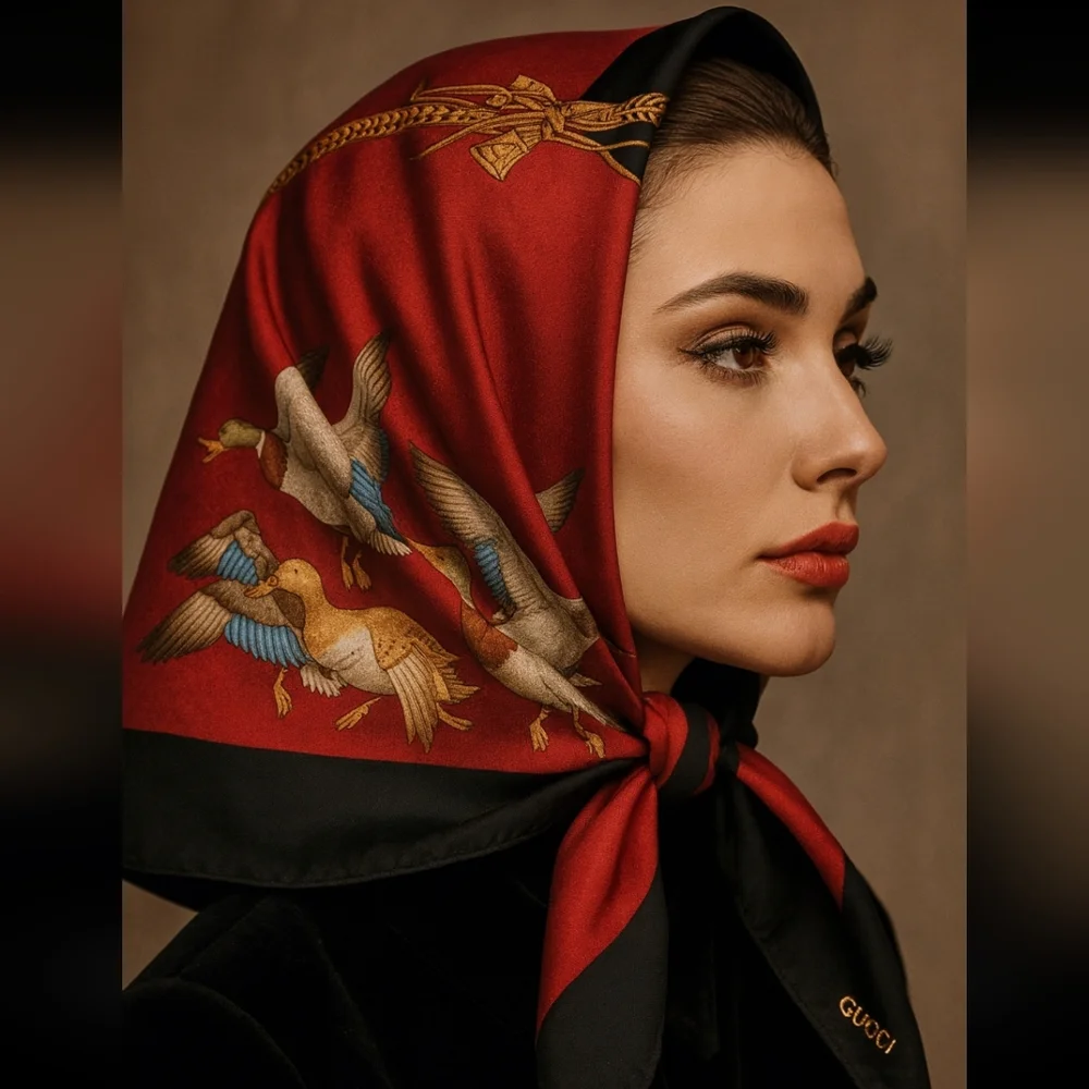 Vintage GUCCI Italy Silk Scarf RARE “Ducks in Flight” Red Navy Wildlife Hunting